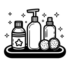 Cosmetic bottles and skincare products on tray, featuring star label and sparkling accents, ideal for beauty and self care themes