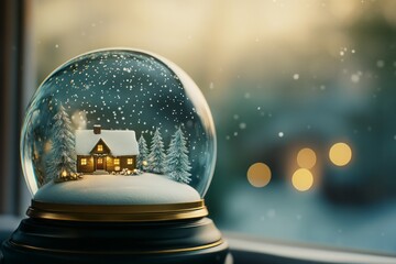 Close-up of a traditional Christmas snow globe with a snowy village inside, gently shaken to create a flurry of snowflakes