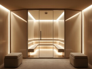 Luxurious modern sauna room with warm LED lighting, sleek design, and glass doors, creating a relaxing spa atmosphere