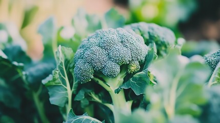 Wall Mural - Fresh green broccoli plant thriving in garden surrounded by lush foliage : Generative AI