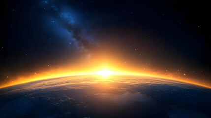 Wall Mural - A Stunning View of Earth's Horizon with a Blazing Sunrise and the Milky Way Galaxy in the Distance
