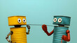 © HQAsset - Two Toy Robots Made of Metal Cans are Playing Tug-of-War with a String on a Blue Background