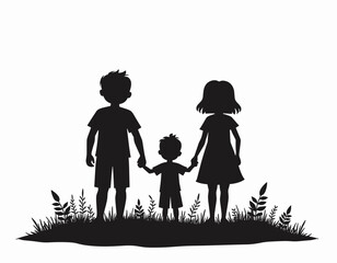 Wall Mural - Silhouette of a family with two children standing together, holding hands in a serene outdoor setting.