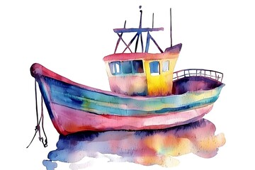 Wall Mural - Watercolor Painting of a Colorful Fishing Boat.