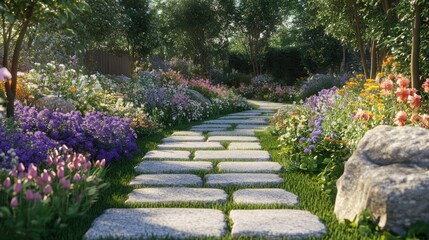 Wall Mural - A serene garden pathway lined with colorful flowers and greenery.