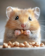 A close-up of a hamster stuffing its cheeks with seeds, showing off its adorable little face and tiny paws.