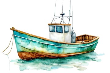 Wall Mural - Watercolor illustration of a green and brown fishing boat.