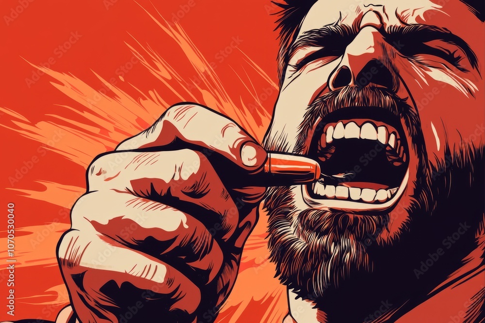 illustration of a man putting a bullet between his teeth, biting the ...