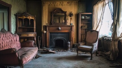 Haunted house, interior, dusty furniture, creepy decor