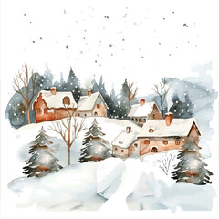 Canvas Print - A watercolor vector of a snowy Christmas scene, isolated on a white background.