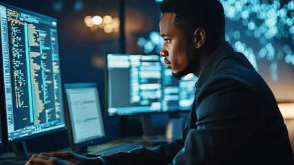 African American man sitting in front of two computers, typing on a keyboard. He was wearing a suit and he was focused on his work. A place to keep professionalism and focus.