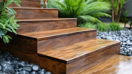 Wall Mural - A close-up view of wooden steps leading through a lush garden, surrounded by pebbles.