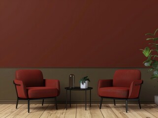 Two red armchairs with a black coffee table in front of a red and green wall