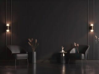 A minimalist living room with two chairs. a table. and a vase of dried flowers against a black wall with moldings