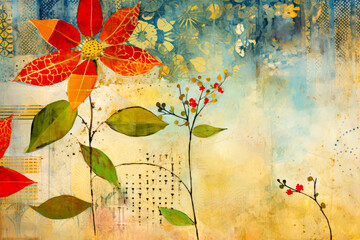 Poster - A vibrant floral composition showcases red and orange blooms with green leaves on a textured blue and gold backdrop