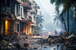 © sergign - The image depicts a street lined with flooded homes and fallen debris, indicative of catastrophic flooding or natural disaster aftermath.