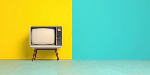 A retro television set stands against a vibrant yellow and turquoise wall, creating a playful and colorful aesthetic.