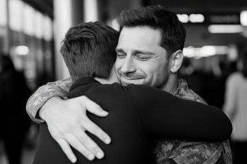 A powerful black-and-white capture shows a heartfelt embrace between two men, expressing longing and the profound connection of an emotional reunion in public space.