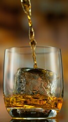 Wall Mural - Freeze motion of pouring whisky into glass . Bar with bottles on background.