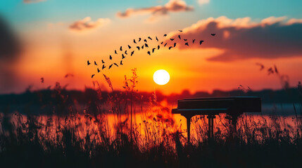 Aufkleber - A serene sunset illuminates the sky with warm hues as birds soar above a peaceful lake, framed by tall grasses