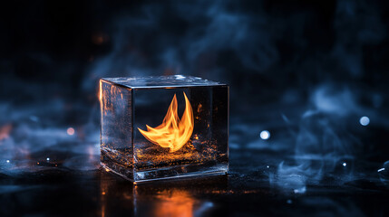 Leinwandbilder - glass cube containing flame, surrounded by smoke, creates striking visual. contrast of fire and ice evokes sense of wonder and creativity