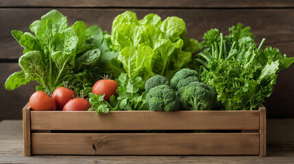 Wall Mural - Fresh vegetables in wooden crate, including lettuce, broccoli, and tomatoes, create vibrant and healthy display. This sustainable urban garden showcases beauty of homegrown produce