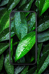 Aufkleber - A smartphone displays the intricate details of green leaves covered in water droplets, resting among a backdrop of foliage