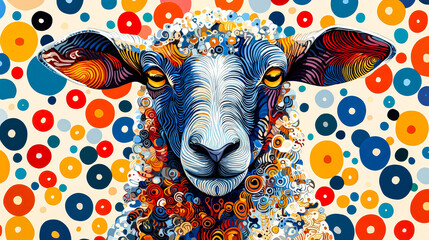 Fototapete - The artwork features a sheep with intricate patterns and bright colors set against a lively backdrop of circles