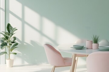 Minimalist dining room with pink chairs and white table, light green wall with sunlight.