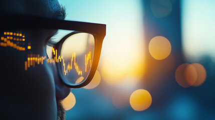 Poster - Business executive analyzing inventory management trends through glasses, reflecting data visuals against sunset backdrop, showcasing focus and determination