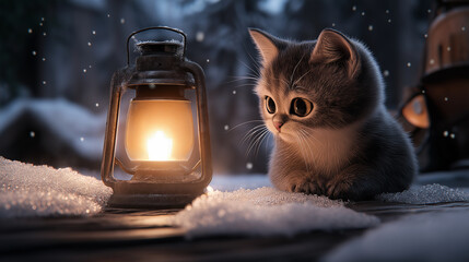 Poster - curious kitten gazes at warm lantern in snowy setting, evoking cozy Christmas atmosphere. soft light contrasts beautifully with winter landscape