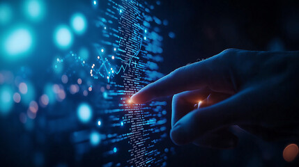 Poster - hand interacting with digital interface displaying data and graphs, symbolizing technology and innovation. scene conveys sense of focus and engagement