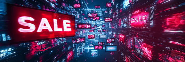 Poster - A bustling digital landscape filled with bright sale banners and holographic displays, creating an energetic shopping atmosphere