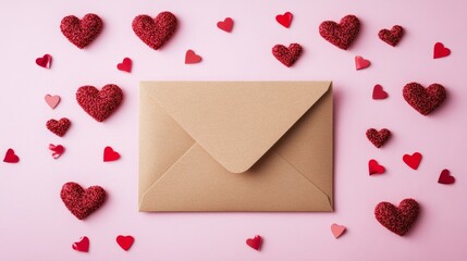 blank letter next to an envelope on a pink background with hearts. valentine's day concept