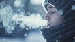 © vetrana - Managing winter asthma  comfort in cold air with a warm scarf and deep breaths amidst snowflakes