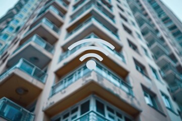 Wall Mural - In Building Wireless. Wi-Fi Network Connection Service for Online Connectivity in Urban Cyberspace