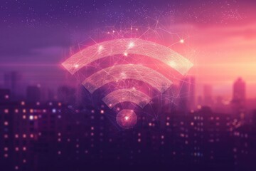 Wall Mural - In Building Wireless. Wi-Fi Network Connectivity Icon in Cyberspace Technology City