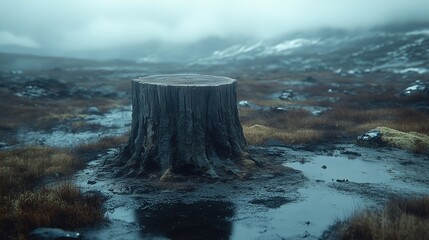Wall Mural - large tree stump sits in a field of grass and mud. the scene is desolate and quiet, with no other pe