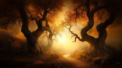 Wall Mural - forest scene with two trees in the foreground and two trees in the background. the trees are tall an