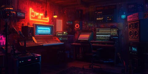 The recording room is dimly lit with neon lights. In the studio, the sound engineer uses a remote control to adjust the audio levels.