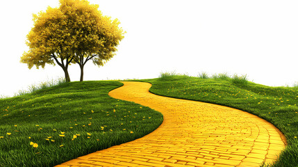 Wall Mural - Enchanted yellow brick road leading to magical emerald city in springtime , fantasy, oz, magicians isolated on white background, space for captions, png. Enchanted. Illustration
