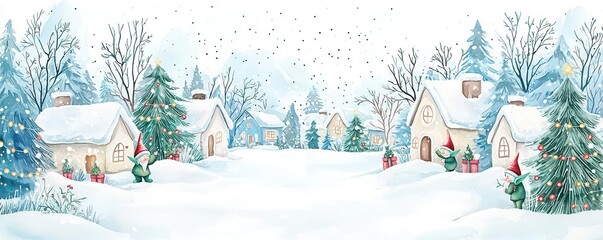 Wall Mural - Snow-covered fairy tale village with twinkling Christmas lights, elves and gnomes celebrating