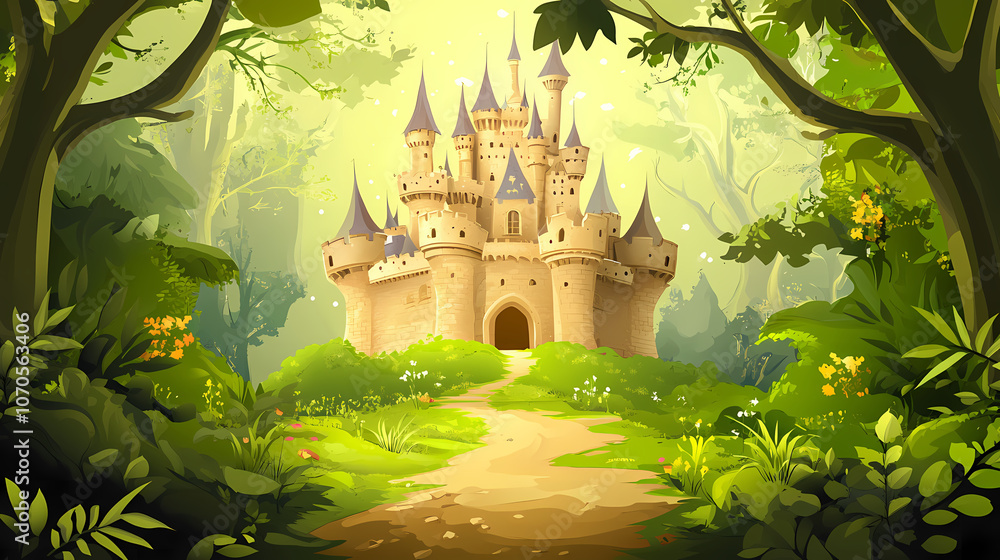 Fairy tale castle in a magical forest clipart illustration. Enchanted ...