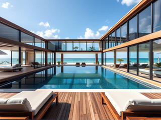 Modern beachfront villa with an infinity pool overlooking the ocean under a clear sky