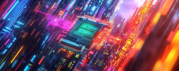 Wall Mural - a high-tech scene featuring an abstract representation of a computer chip with multiple colorful