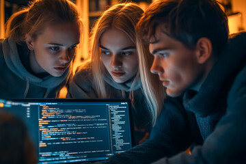 Three young people focus intently on computer code displayed on a screen in a warm and inviting environment