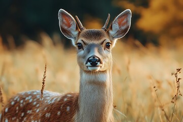 Close-up Portrait of a Spotted Deer with Antlers