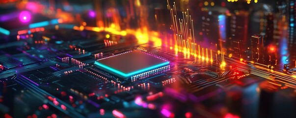 Wall Mural - a high-tech scene featuring an abstract representation of a computer chip with multiple colorful