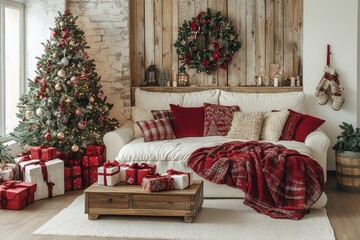 Wall Mural - White Christmas-themed living room with decorated tree, red and green wall ornaments, presents, sofa, and wooden coffee table, cozy festive interior.