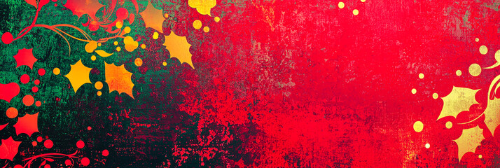 Poster - A richly textured background showcasing deep red and green hues blended together, adorned with golden accents and festive holly, perfect for holiday decorations and invitations